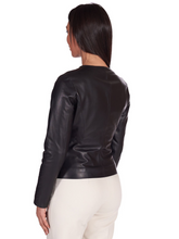 Load image into Gallery viewer, Round Snap Collar Black Biker Jacket for Women&#39;s - Boneshia
