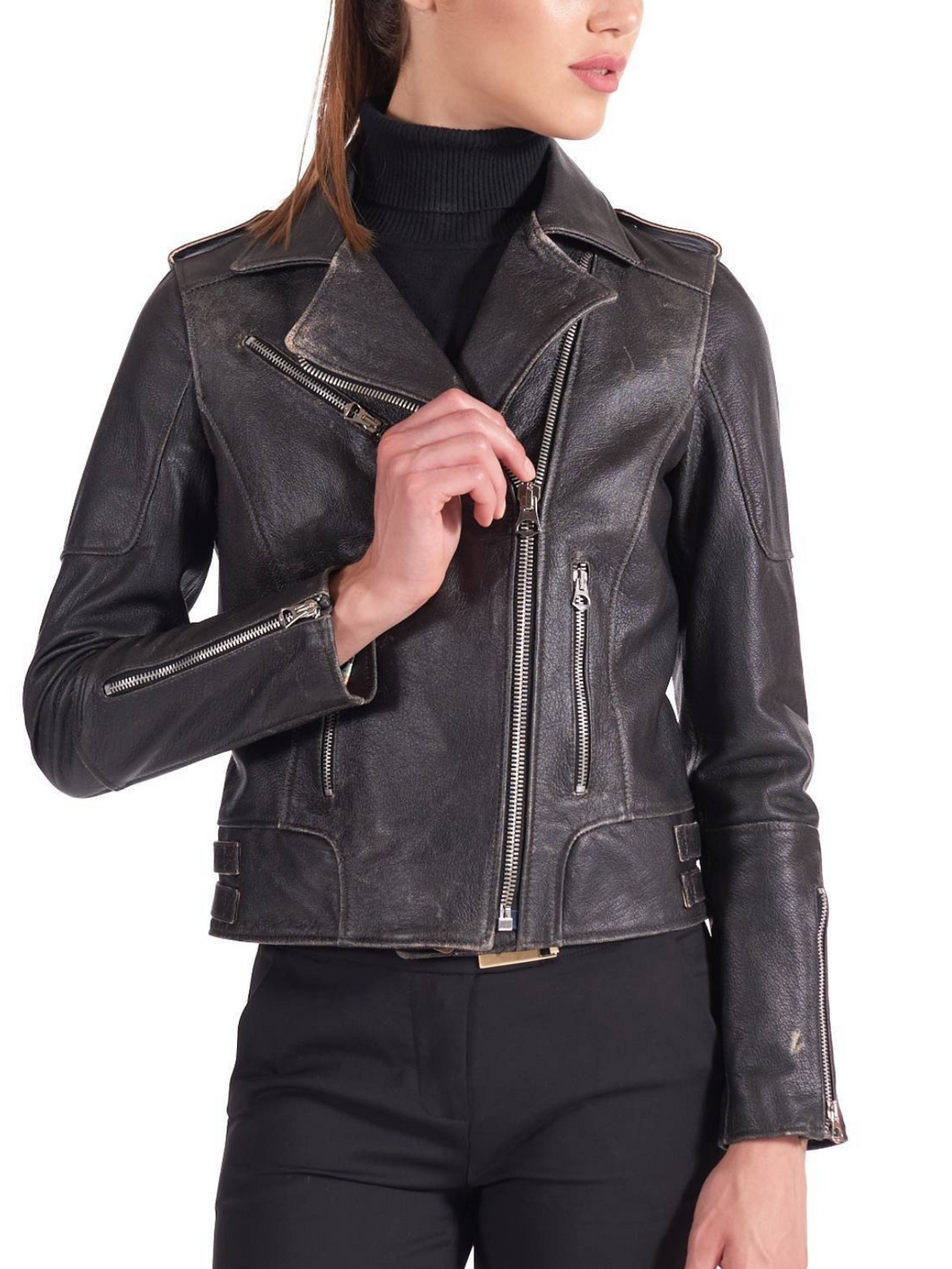 Black hand made Women Asymmetrical style Leather Biker Jacket - Boneshia