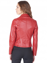Load image into Gallery viewer, Asymmetrical style Womens hand made Biker Leather Jacket in Red
