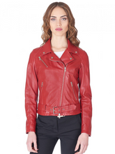 Load image into Gallery viewer, Womens Red Genuine Leather Bomber style Jacket
