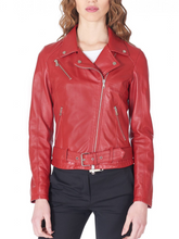 Load image into Gallery viewer, Asymmetrical style Womens hand made Biker Leather Jacket in Red
