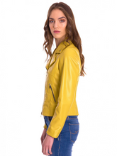Load image into Gallery viewer, Women Yellow Zipper Biker Leather Jacket

