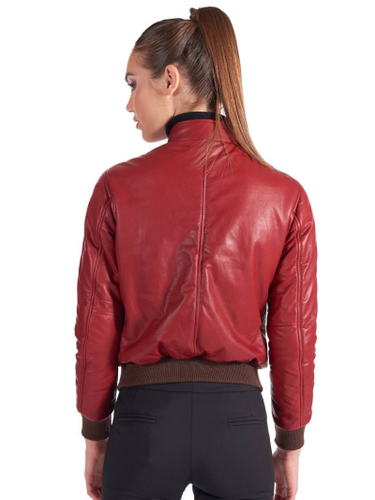 Womens Red Genuine Leather Bomber Jacket