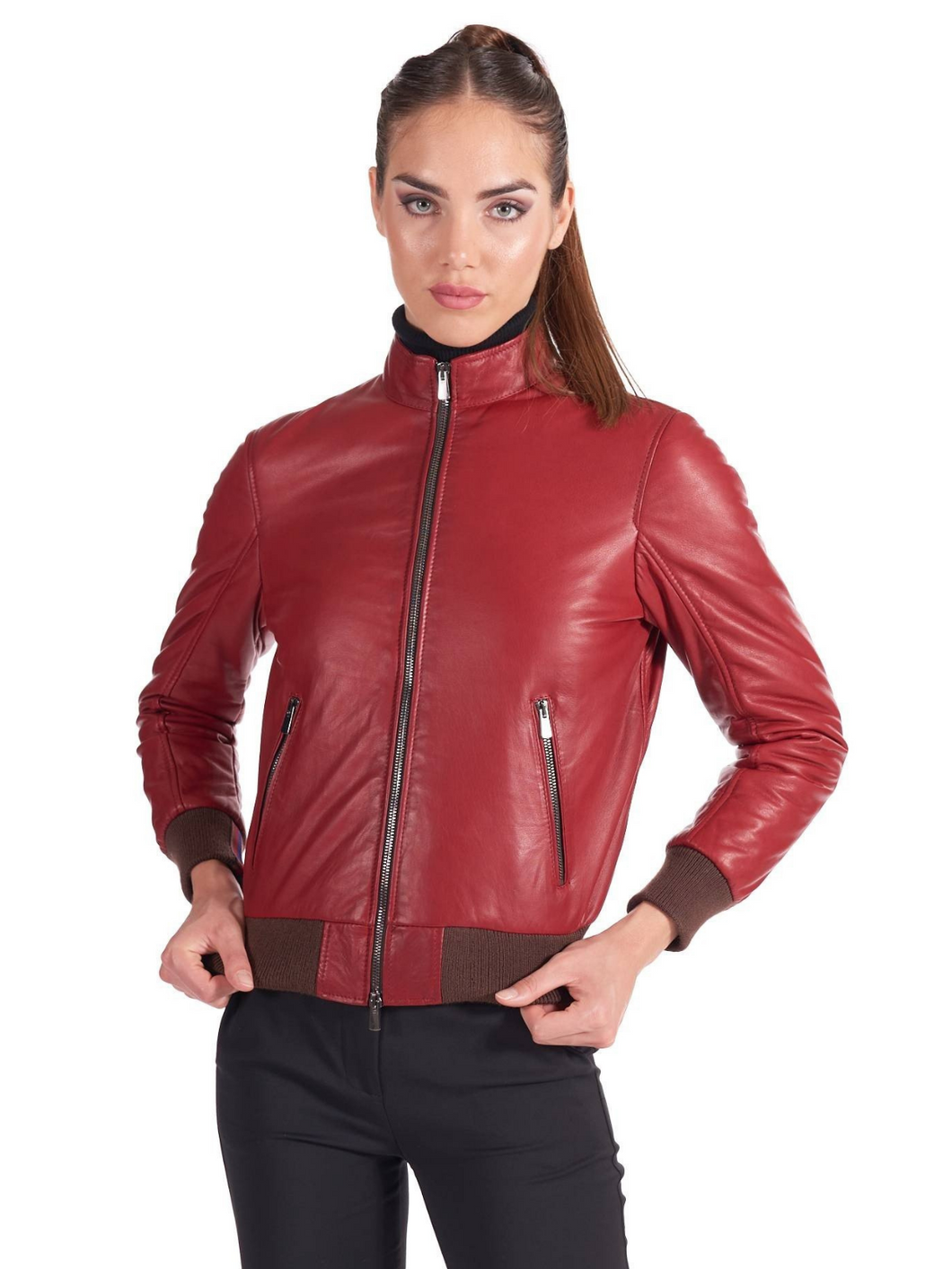 Womens Red Genuine Leather Bomber Jacket