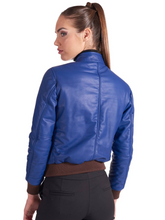 Load image into Gallery viewer, Womens Blue Genuine Leather Bomber Jacket
