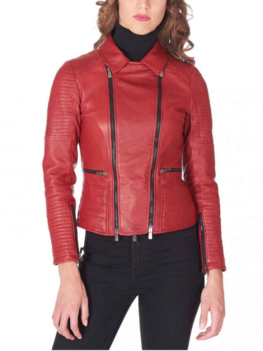 high quality Womens red leather Motorcycle jacket