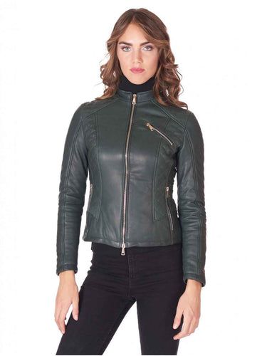 Womens new Green leather Biker jacket - Boneshia
