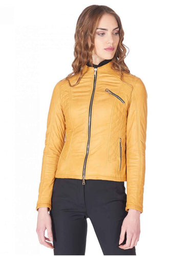 Womens Round Collar leather jacket Yellow - Boneshia
