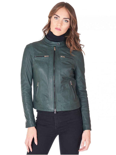 Green new Womens Round Collar leather jacket