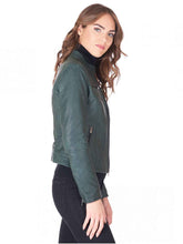 Load image into Gallery viewer, Green new Womens Round Collar leather jacket
