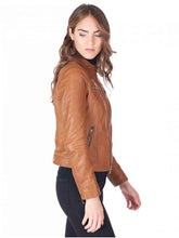 Load image into Gallery viewer, Womens Brown Round Collar brown leather jacket
