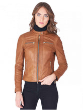 Load image into Gallery viewer, Womens Brown Round Collar brown leather jacket
