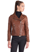 Load image into Gallery viewer, Asymmetrical Womens Zipper Brown Biker Leather Jacket
