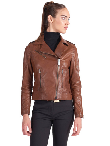 Asymmetrical Womens Zipper Brown Biker Leather Jacket