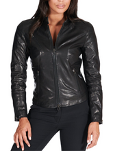 Load image into Gallery viewer, Classic Snap Tab collar Leather Jacket Women - Boneshia.com
