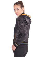 Load image into Gallery viewer, Women’s Bomber Hooded Black Leather Jacket
