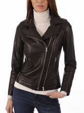 Load image into Gallery viewer, Women’s Genuine Black Leather Biker Lapel Collar Jacket
