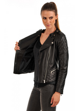 Load image into Gallery viewer, Black Women’s Biker Lapel Collar Leather Jacket
