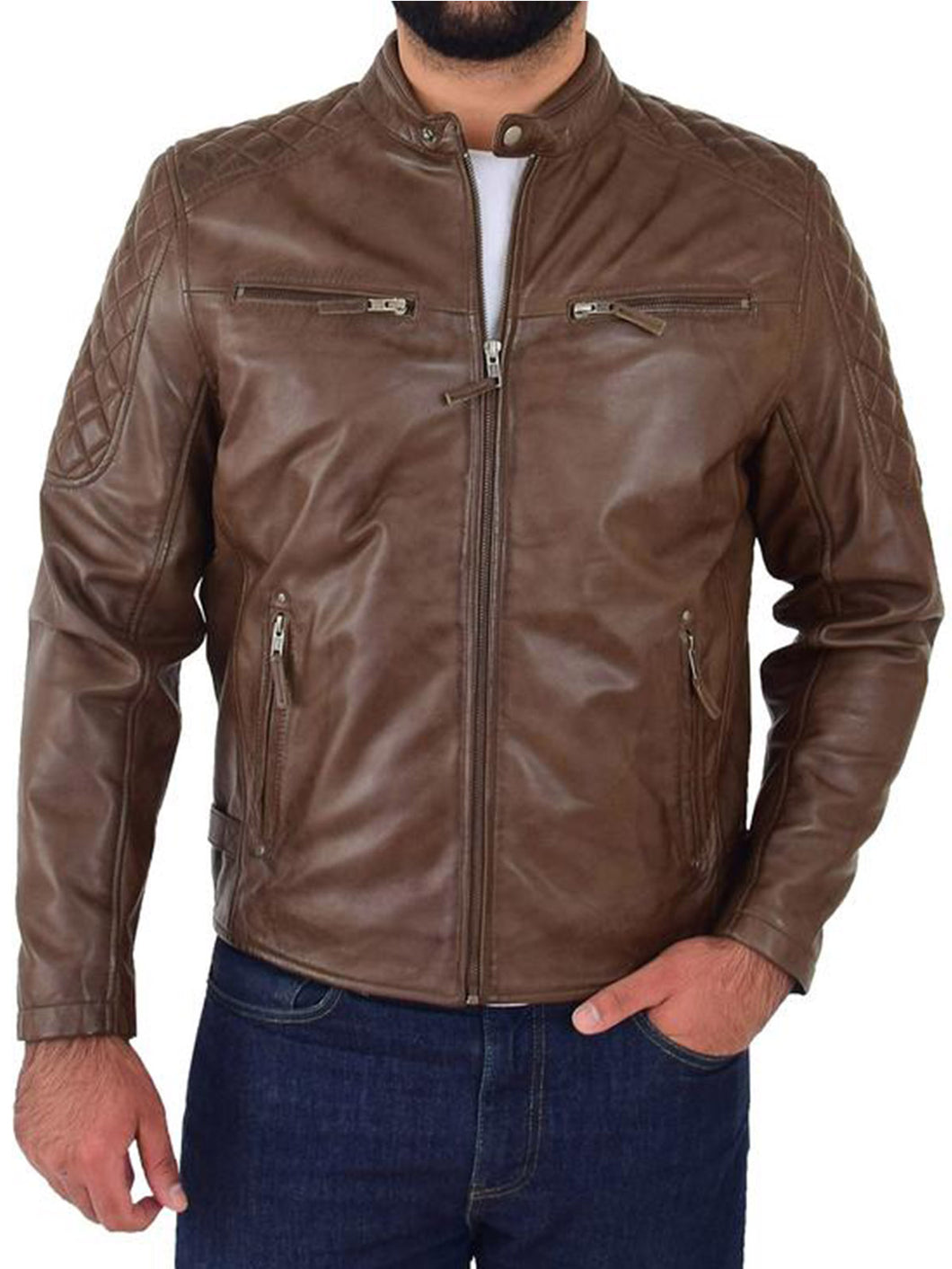 Mens Leather Biker Style brown Jacket