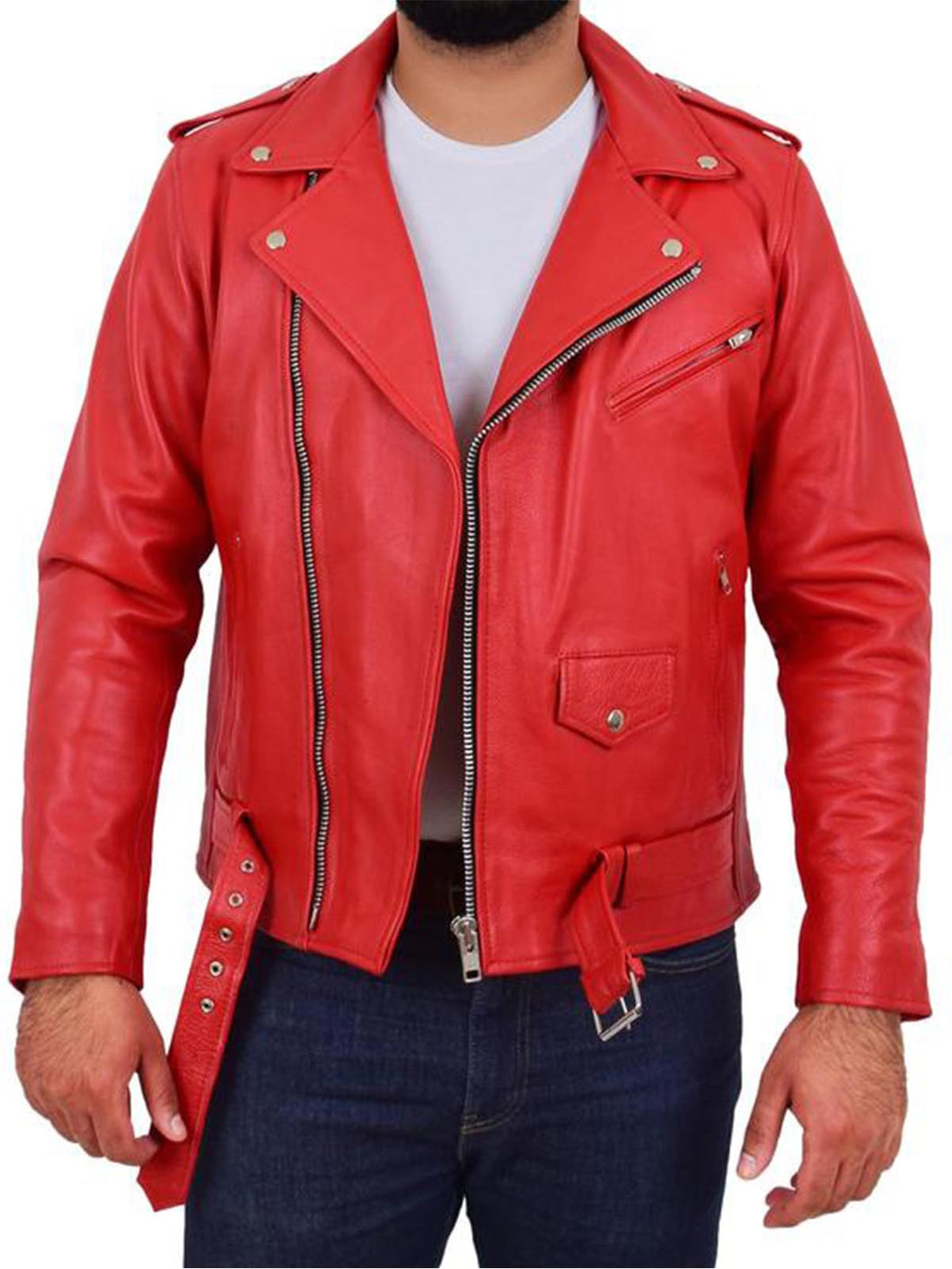 Mens Heavy Duty Red Leather Biker Jacket