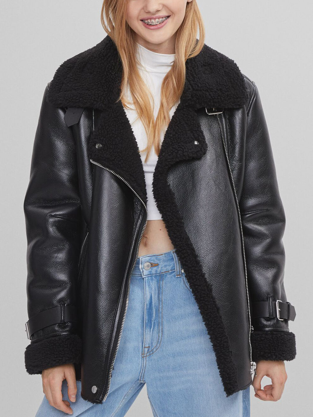 Womens Black Shearling real Leather Coat
