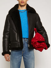 Load image into Gallery viewer, Shearling aviator black fur Genuine Leather jacket
