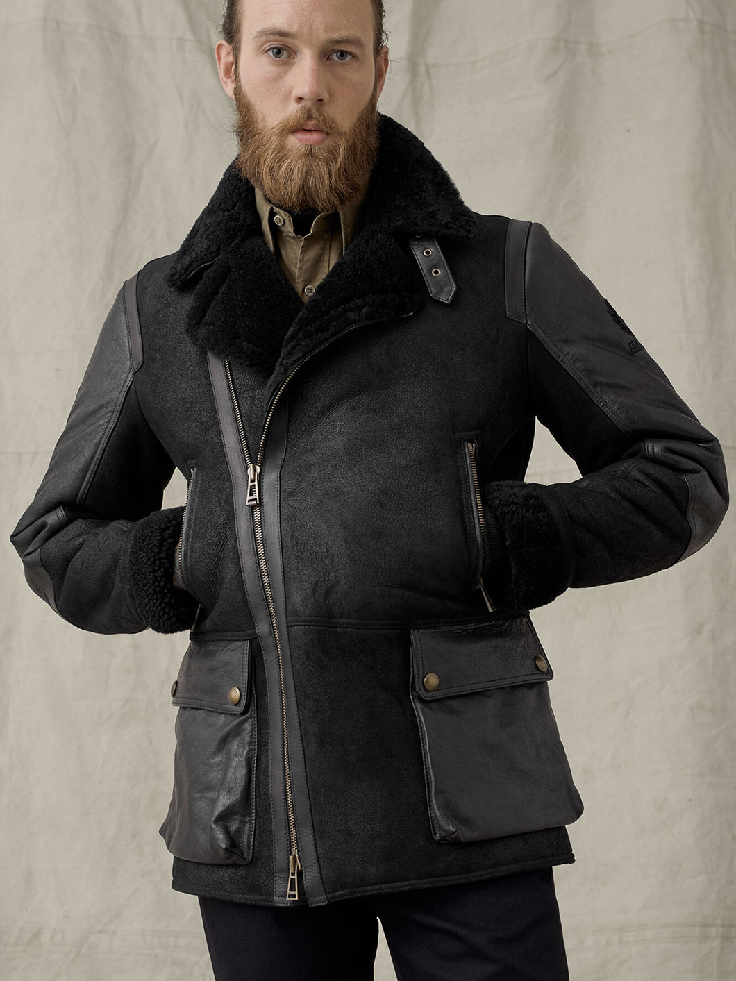 Men's Bomber Black Shearling Leather Jacket