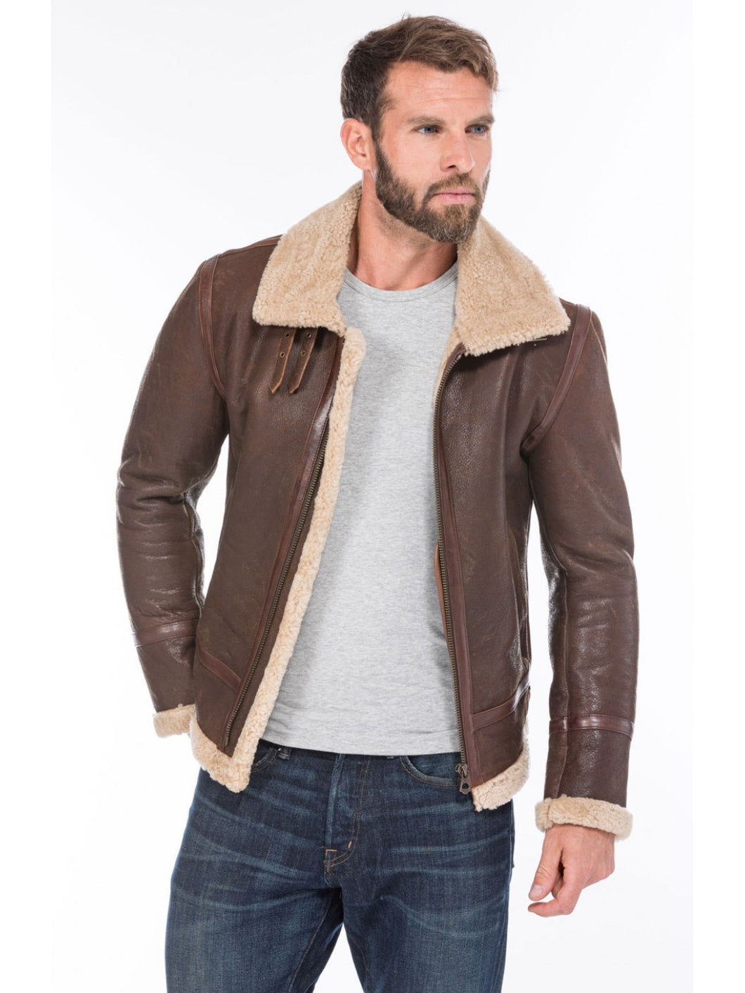 Mens Sheepskin Shearling Fur Collar Leather Jacket