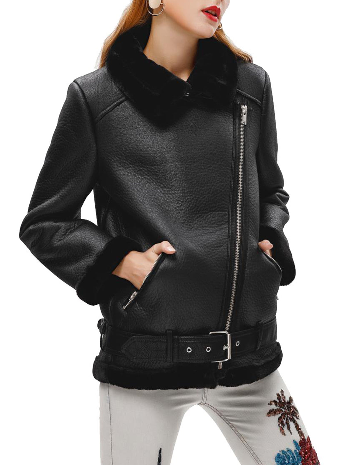Faux Fur Shearling Leather Biker Jacket in Black – boneshia