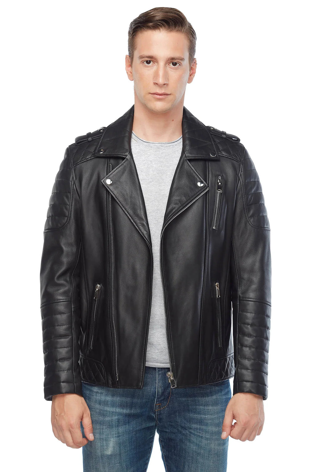 Men’s Black Leather Biker Jacket - Boneshia