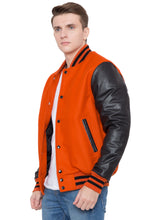 Load image into Gallery viewer, Black Leather Sleeves Orange Wool Varsity Jacket
