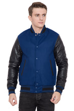 Load image into Gallery viewer, BLACK LEATHER SLEEVES &amp; ROYAL BLUE WOOL BODY VARSITY JACKET
