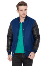 Load image into Gallery viewer, Black Leather Sleeves Blue Wool Varsity Jacket
