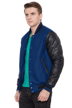 Load image into Gallery viewer, Black Leather Sleeves Blue Wool Varsity Jacket
