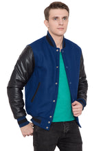 Load image into Gallery viewer, BLACK LEATHER SLEEVES &amp; ROYAL BLUE WOOL BODY VARSITY JACKET
