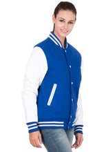 Load image into Gallery viewer, Women&#39;s Casual Blue and White Varsity Jacket
