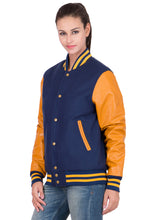 Load image into Gallery viewer, Womens Blue and Yellow Varsity Jacket
