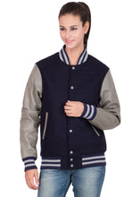 Load image into Gallery viewer, Women&#39;s Dark Blue and Grey Varsity Jacket
