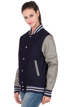 Load image into Gallery viewer, Women&#39;s Dark Blue and Grey Varsity Jacket

