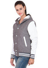 Load image into Gallery viewer, Women&#39;s Grey and White Hooded Varsity Jacket
