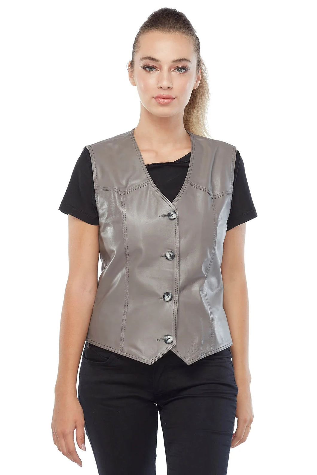 Women's Solid Grey Biker Leather Vest