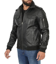 Load image into Gallery viewer, Black Bomber Leather Jacket For Mens
