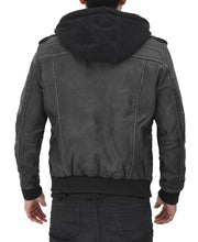 Load image into Gallery viewer, Mens Leather Bomber Jacket With Removable Hood
