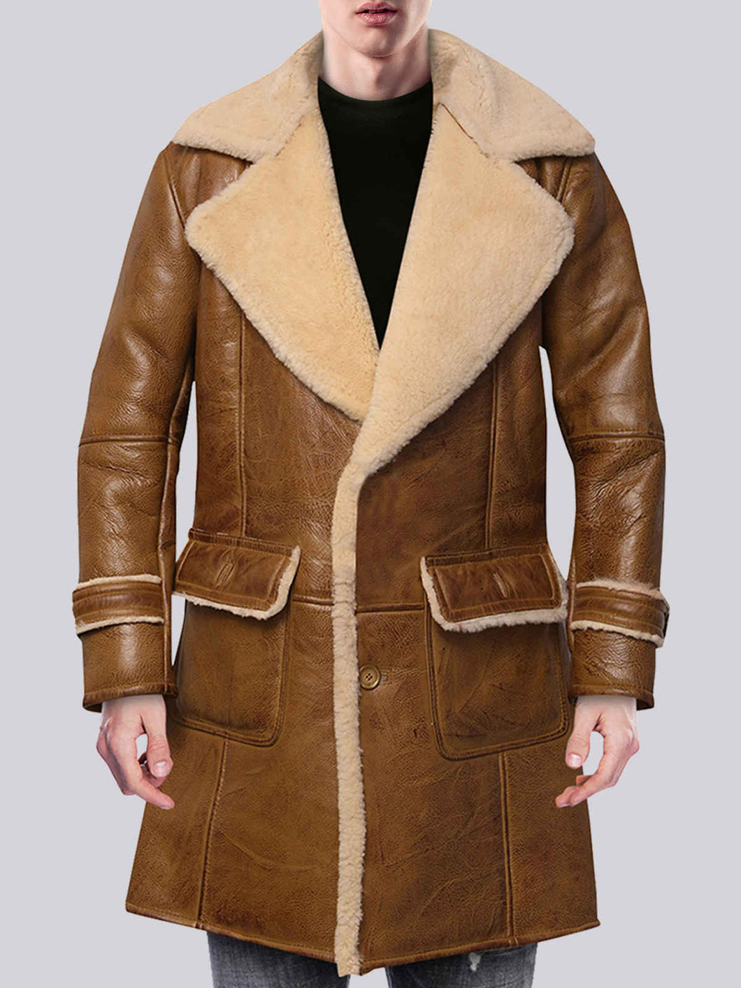Men Brown Shearling asymmetrical Leather Coat