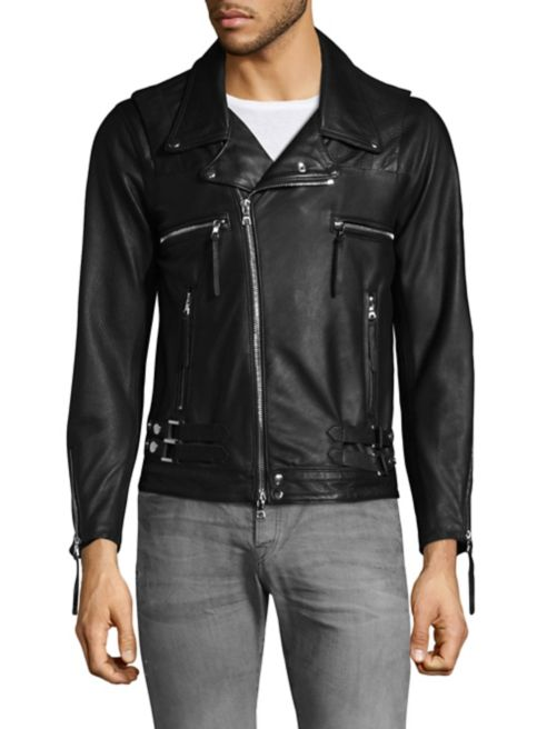 Men Black Biker Zipper Leather Jacket