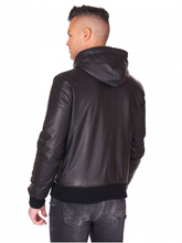 Load image into Gallery viewer, Men Black Lambskin Leather biker hooded collar Jacket  - Boneshia
