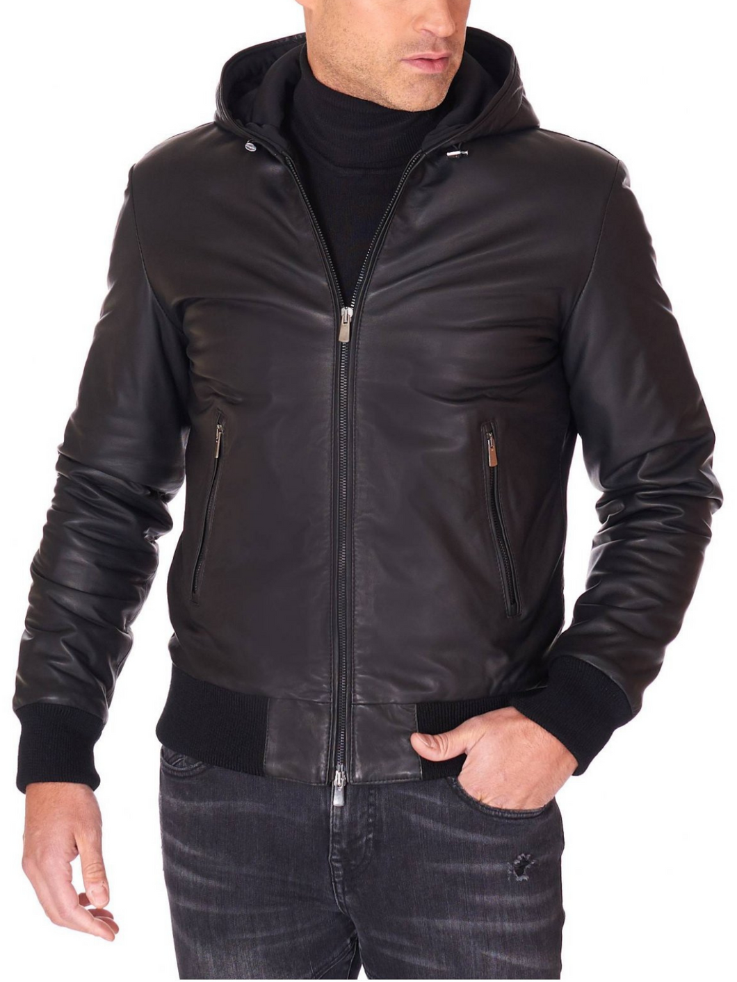 Men Black Lambskin Leather biker hooded collar Jacket  - Boneshia