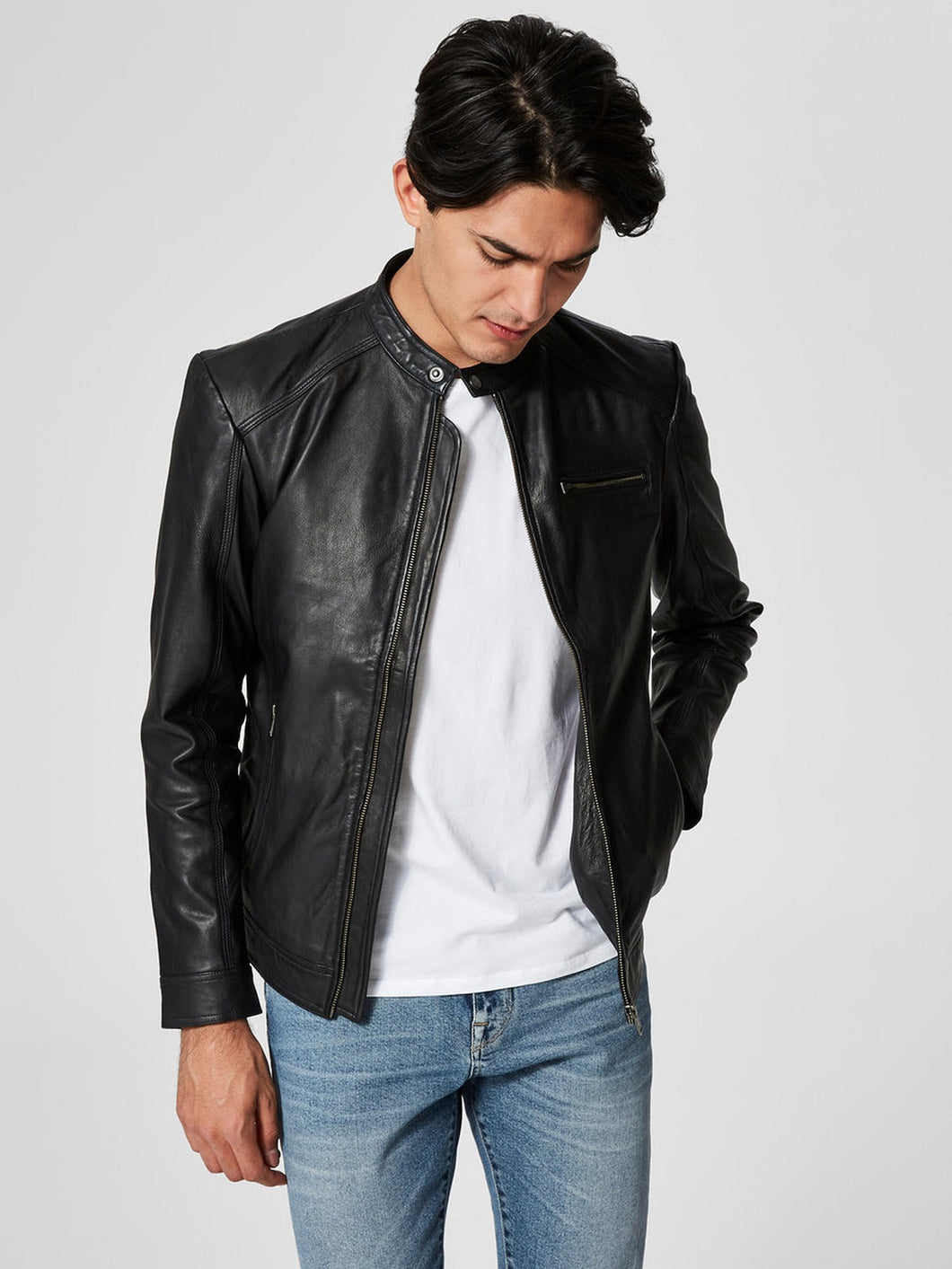 Men Black Moto Notch Collar Leather Jacket - Boneshia.com