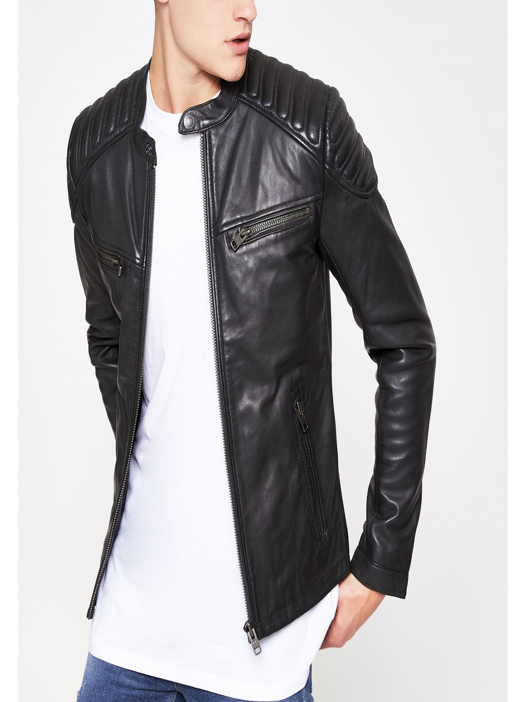 Men Black Superdry Leather Jacket - Boneshia