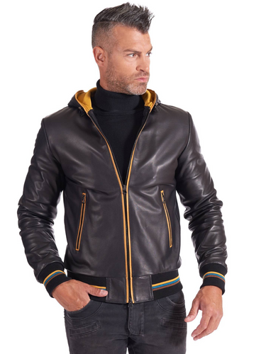 Black and Yellow Men real Leather biker hooded collar Jacket - Boneshia
